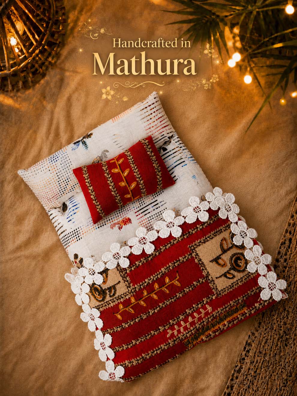 Aadharika Bed Bistar Laddu Gopal Dresses Online in India Winter Dress for Poshak Thakurji Kanha Ji Accessories Dhoti Kurta Set Pajama Aasan Janmashtami Special Summer Shringar Fancy Jacket Premium Festival Bistar Combo om poshak kanha thakurji bal lala lalla ladoo