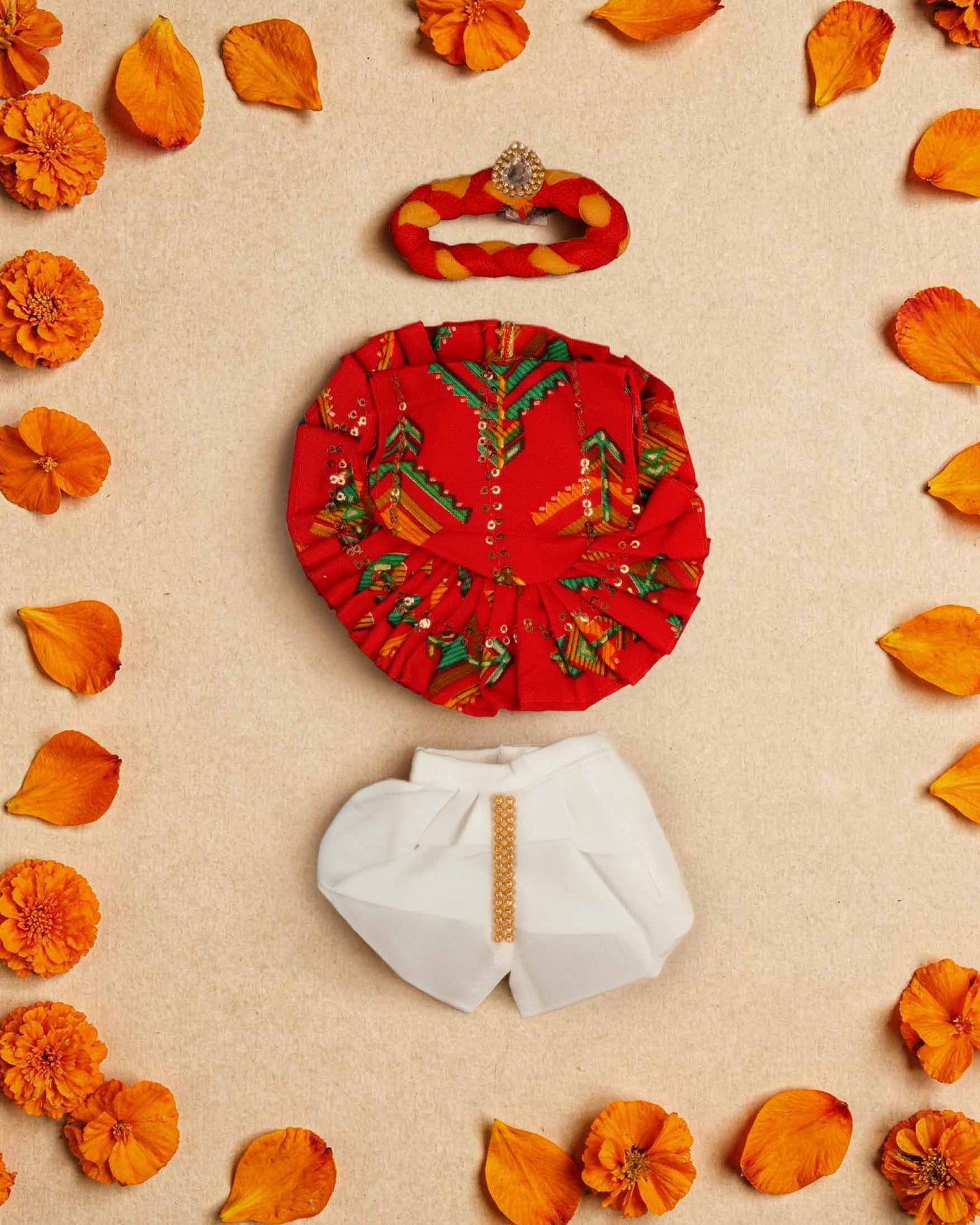 Navratri shakti red dhoti kurta Diwali Janmashtami dress ladoo dresses laddu gopal dress thakurji kanha ji bal om poshak mathura online best mandir wholesaler manufacturer