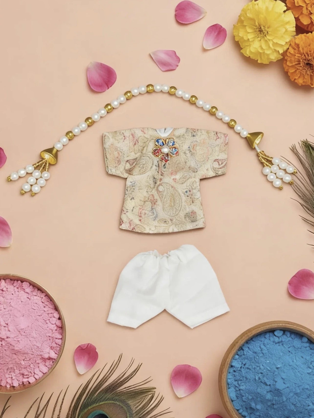 Ratankriti braj holi dhoti kurta Diwali Janmashtami dress ladoo dresses laddu gopal dress thakurji kanha ji bal om poshak mathura online best mandir wholesaler manufacturer