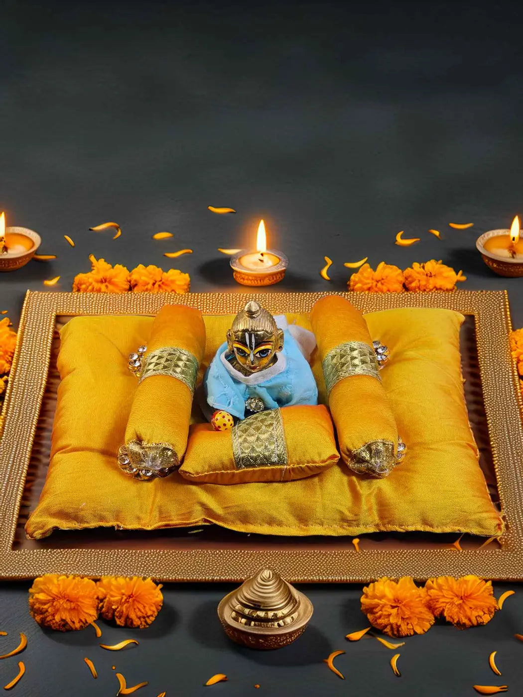 golden gadda bed bistar set razai for laddu gopal thakurji kanha ji bal om poshak mathura online best