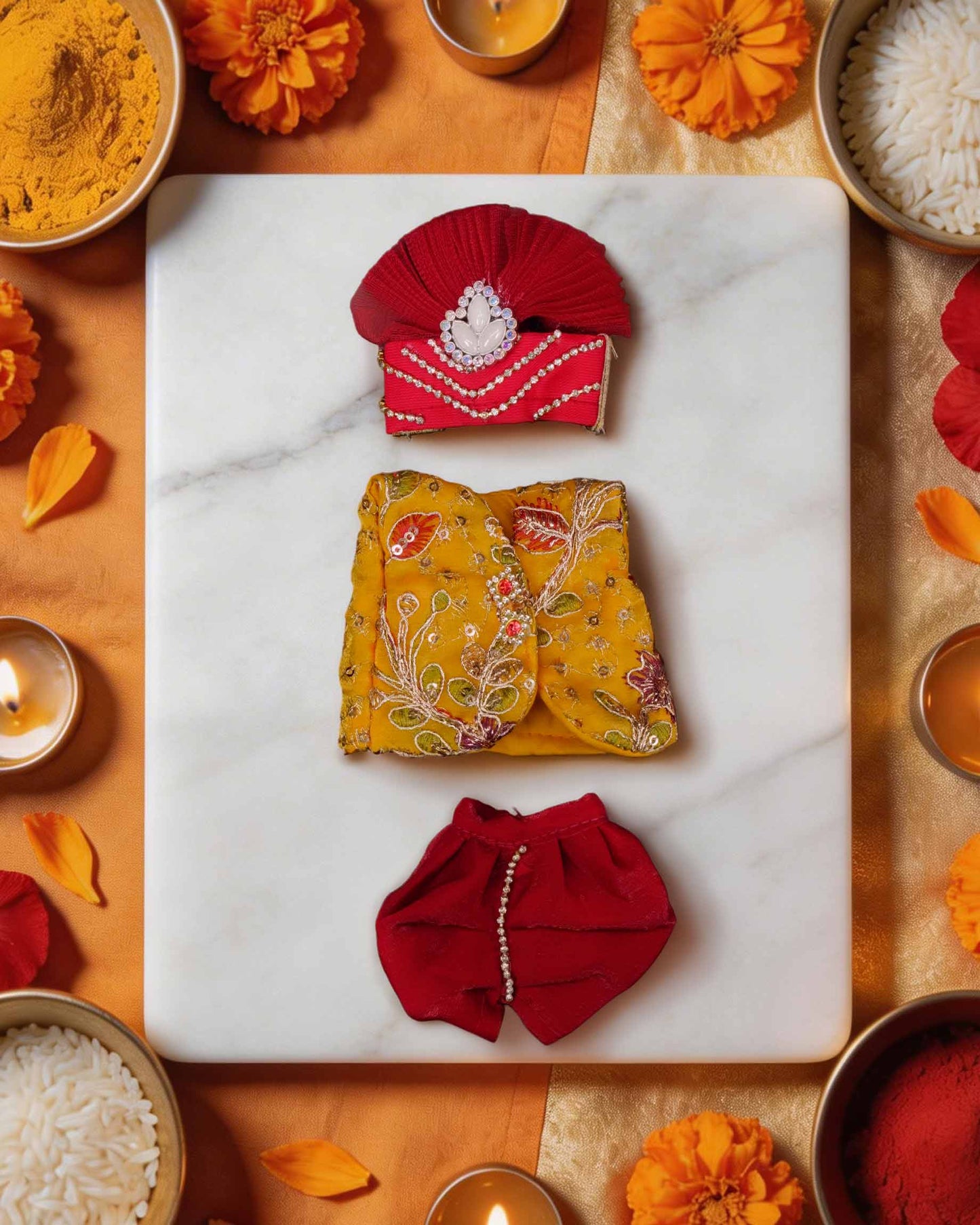 navratri yellow shakti Diwali Janmashtami dress ladoo dresses laddu gopal dress thakurji kanha ji bal om poshak mathura online best mandir wholesaler manufacturer