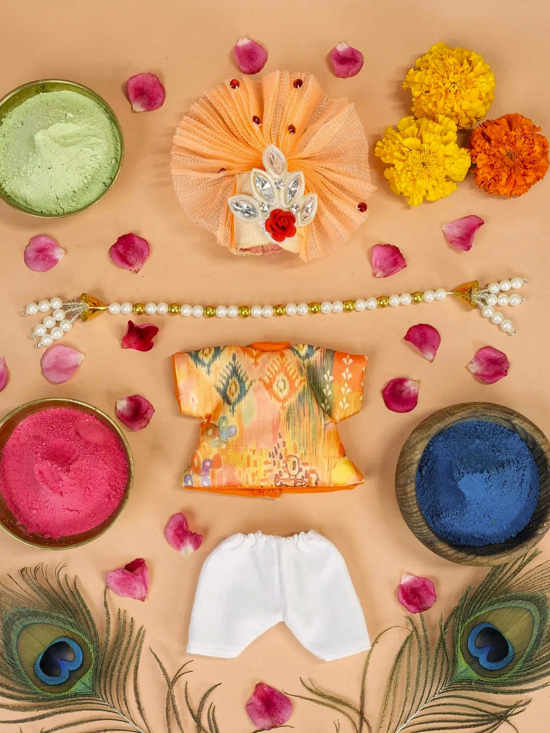 phoolon ki holi dhoti kurta Diwali Janmashtami dress ladoo dresses laddu gopal dress thakurji kanha ji bal om poshak mathura online best mandir wholesaler manufacturer