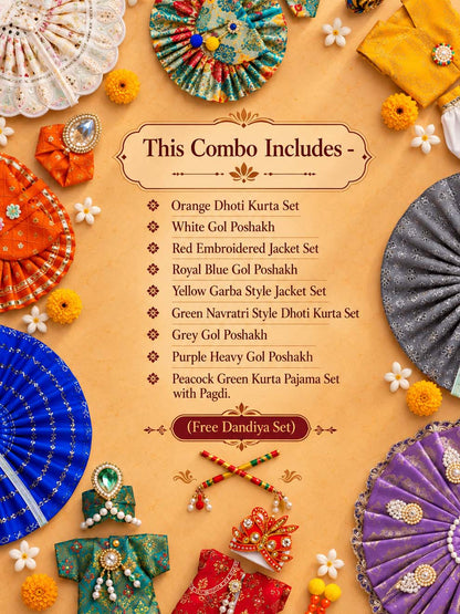 9 dress navratri best Mathura wholesale manufacturer Laddu Gopal Dresses Online in India Winter Dress for Poshak Thakurji Kanha Ji Accessories Dhoti Kurta Set Pajama Aasan Janmashtami Special Summer Shringar Fancy Jacket Premium Festival Bistar Combo om poshak kanha thakurji bal lala lalla ladoo