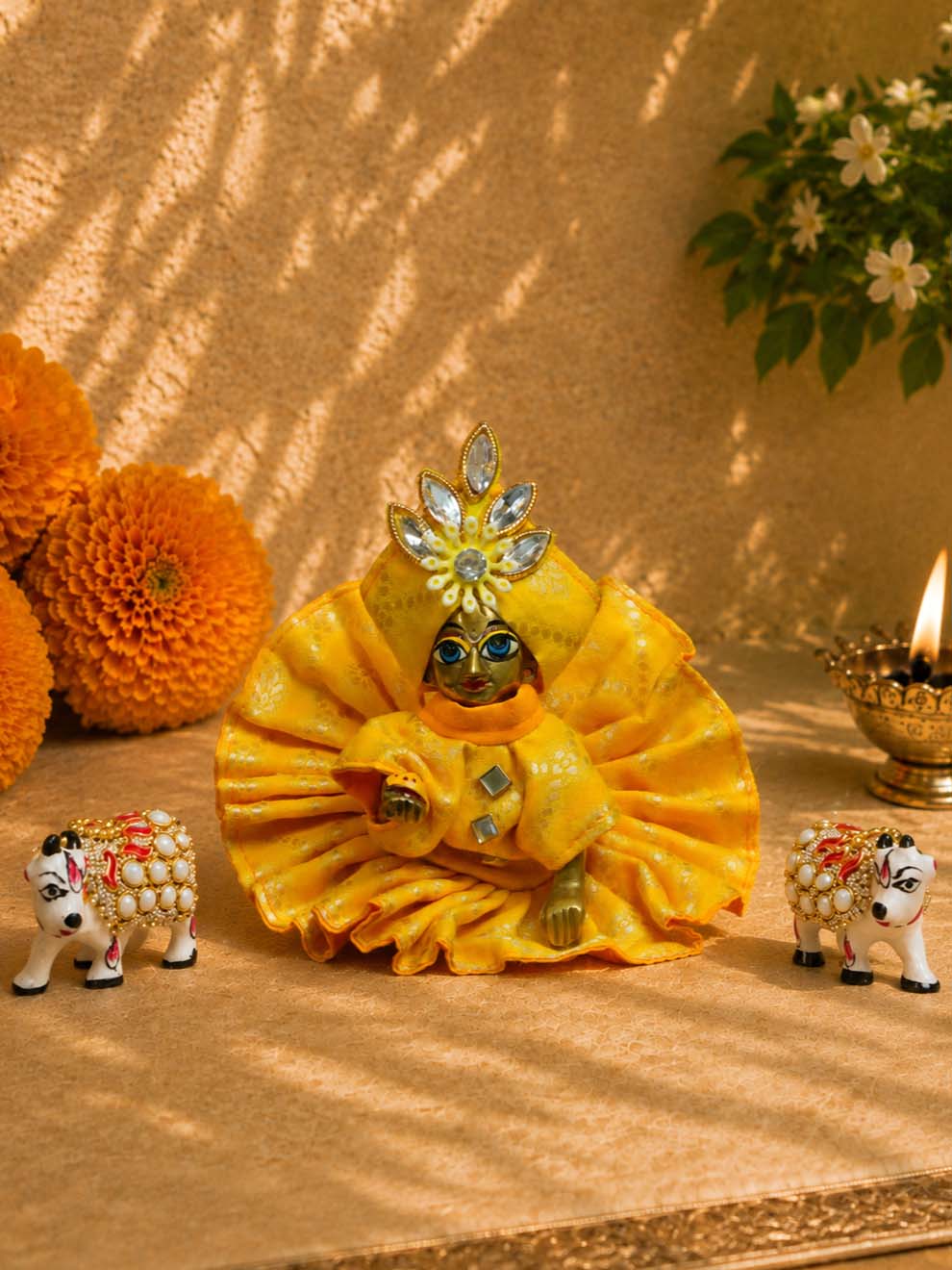 best cow idol  Mathura wholesale manufacturer Laddu Gopal Dresses Online in India Winter Dress for Poshak Thakurji Kanha Ji Accessories Dhoti Kurta Set Pajama Aasan Janmashtami Special Summer Shringar Fancy Jacket Premium Festival Bistar Combo om poshak kanha thakurji bal lala lalla ladoo