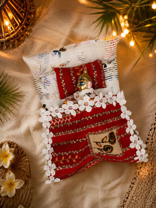 Aadharika Bed Bistar Laddu Gopal Dresses Online in India Winter Dress for Poshak Thakurji Kanha Ji Accessories Dhoti Kurta Set Pajama Aasan Janmashtami Special Summer Shringar Fancy Jacket Premium Festival Bistar Combo om poshak kanha thakurji bal lala lalla ladoo