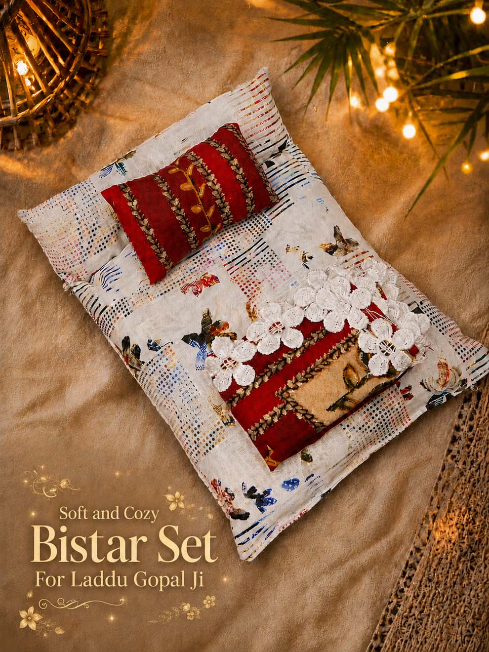 Aadharika Bed Bistar Laddu Gopal Dresses Online in India Winter Dress for Poshak Thakurji Kanha Ji Accessories Dhoti Kurta Set Pajama Aasan Janmashtami Special Summer Shringar Fancy Jacket Premium Festival Bistar Combo om poshak kanha thakurji bal lala lalla ladoo
