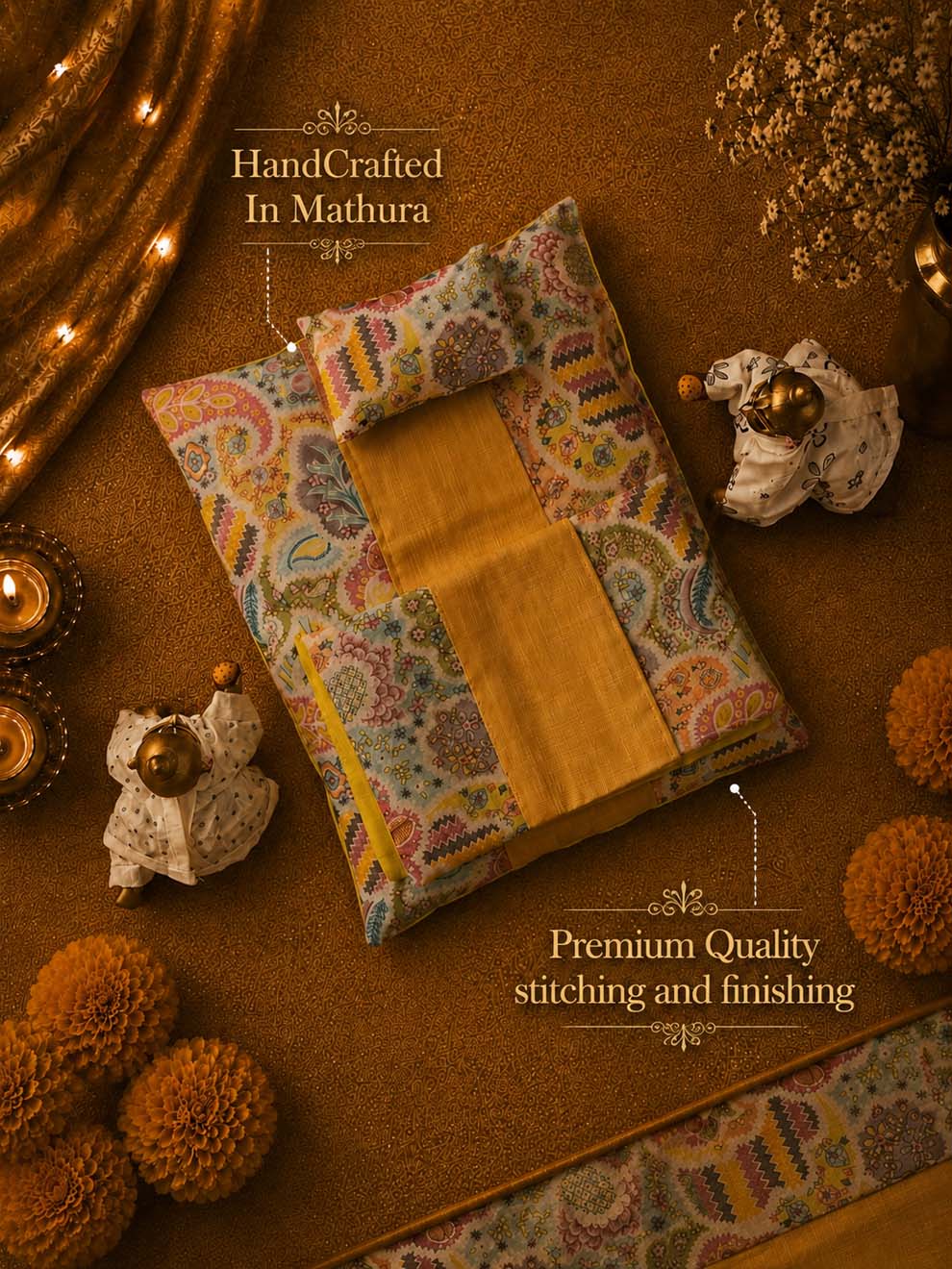 Bistar Nightsuit combo Laddu Gopal Dresses Online in India Winter Dress for Poshak Thakurji Kanha Ji Accessories Dhoti Kurta Set Pajama Aasan Janmashtami Special Summer Shringar Fancy Jacket Premium Festival Bistar Combo om poshak kanha thakurji bal lala lalla ladoo