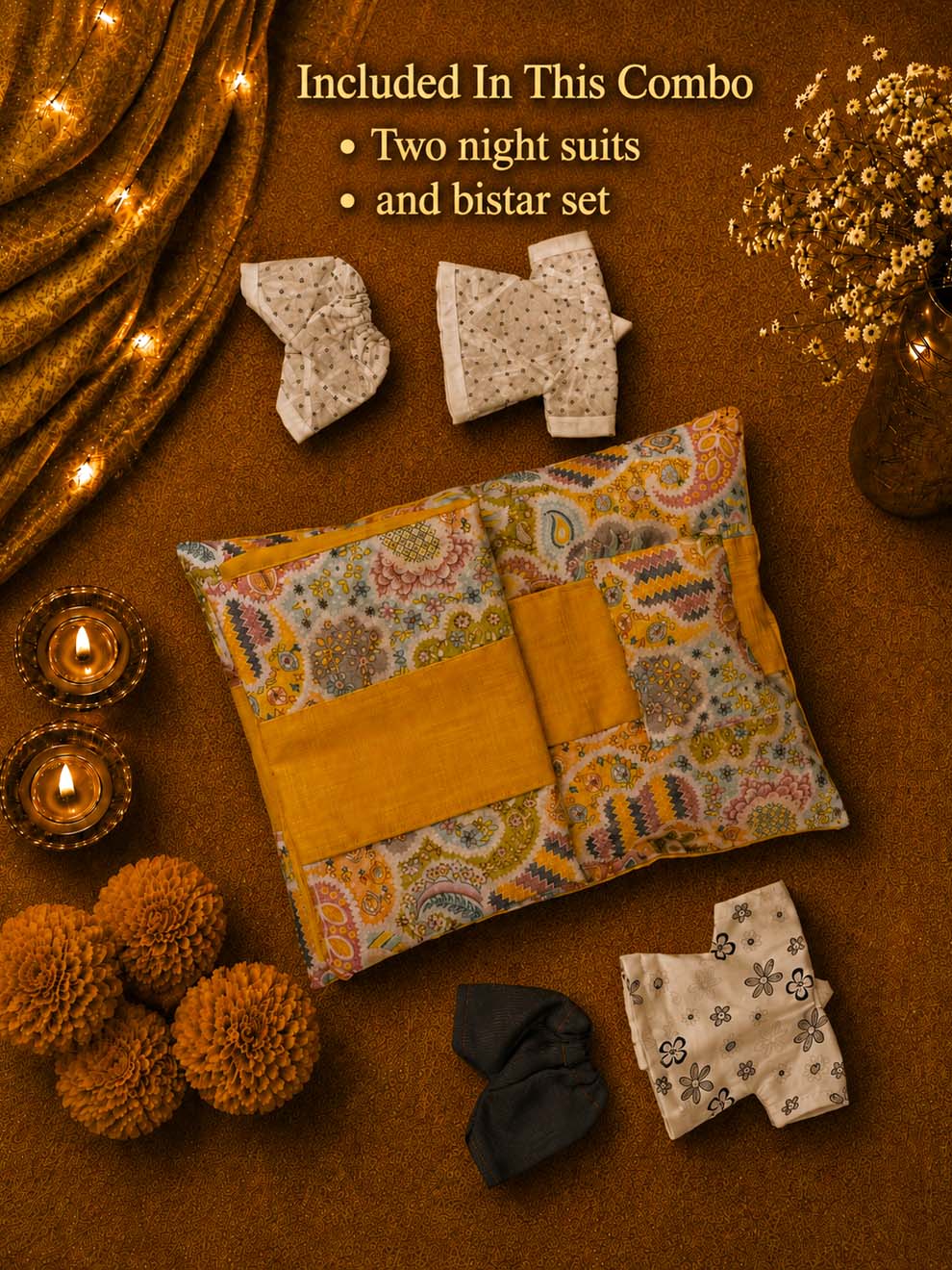 Bistar Nightsuit combo Laddu Gopal Dresses Online in India Winter Dress for Poshak Thakurji Kanha Ji Accessories Dhoti Kurta Set Pajama Aasan Janmashtami Special Summer Shringar Fancy Jacket Premium Festival Bistar Combo om poshak kanha thakurji bal lala lalla ladoo