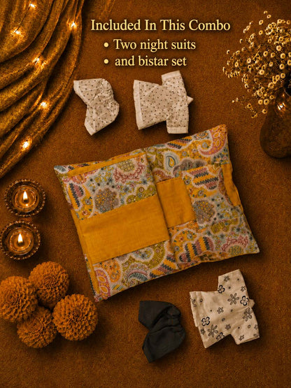 Bistar Nightsuit combo Laddu Gopal Dresses Online in India Winter Dress for Poshak Thakurji Kanha Ji Accessories Dhoti Kurta Set Pajama Aasan Janmashtami Special Summer Shringar Fancy Jacket Premium Festival Bistar Combo om poshak kanha thakurji bal lala lalla ladoo