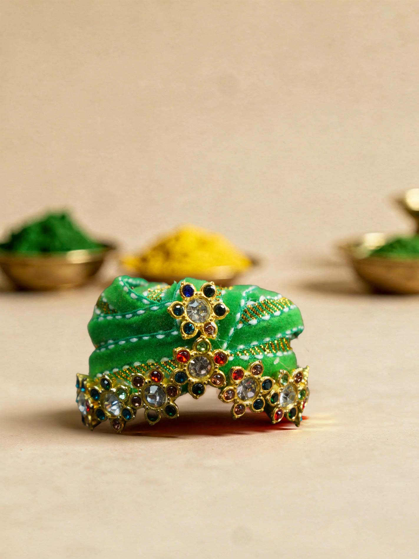 Braj Style Pagdi Shringar green Diwali Janmashtami dress ladoo dresses laddu gopal dress thakurji kanha ji bal om poshak mathura online best mandir wholesaler manufacturer