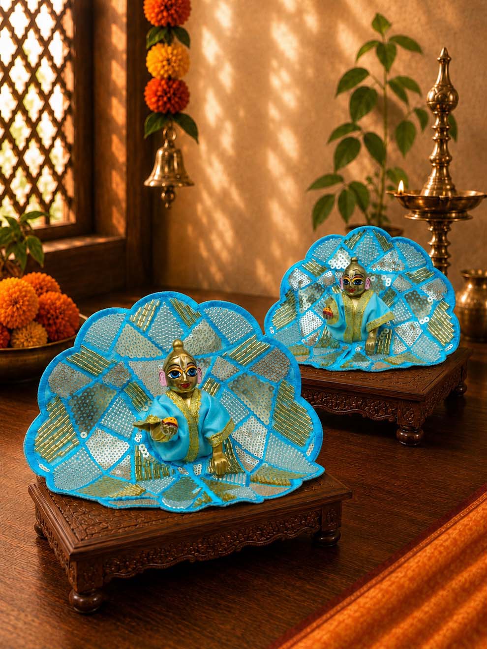 Sajini fancy blue Laddu Gopal Dresses Online in India Winter Dress for Poshak Thakurji Kanha Ji Accessories Dhoti Kurta Set Pajama Aasan Janmashtami Special Summer Shringar Fancy Jacket Premium Festival Bistar Combo om poshak kanha thakurji bal lala lalla ladoo