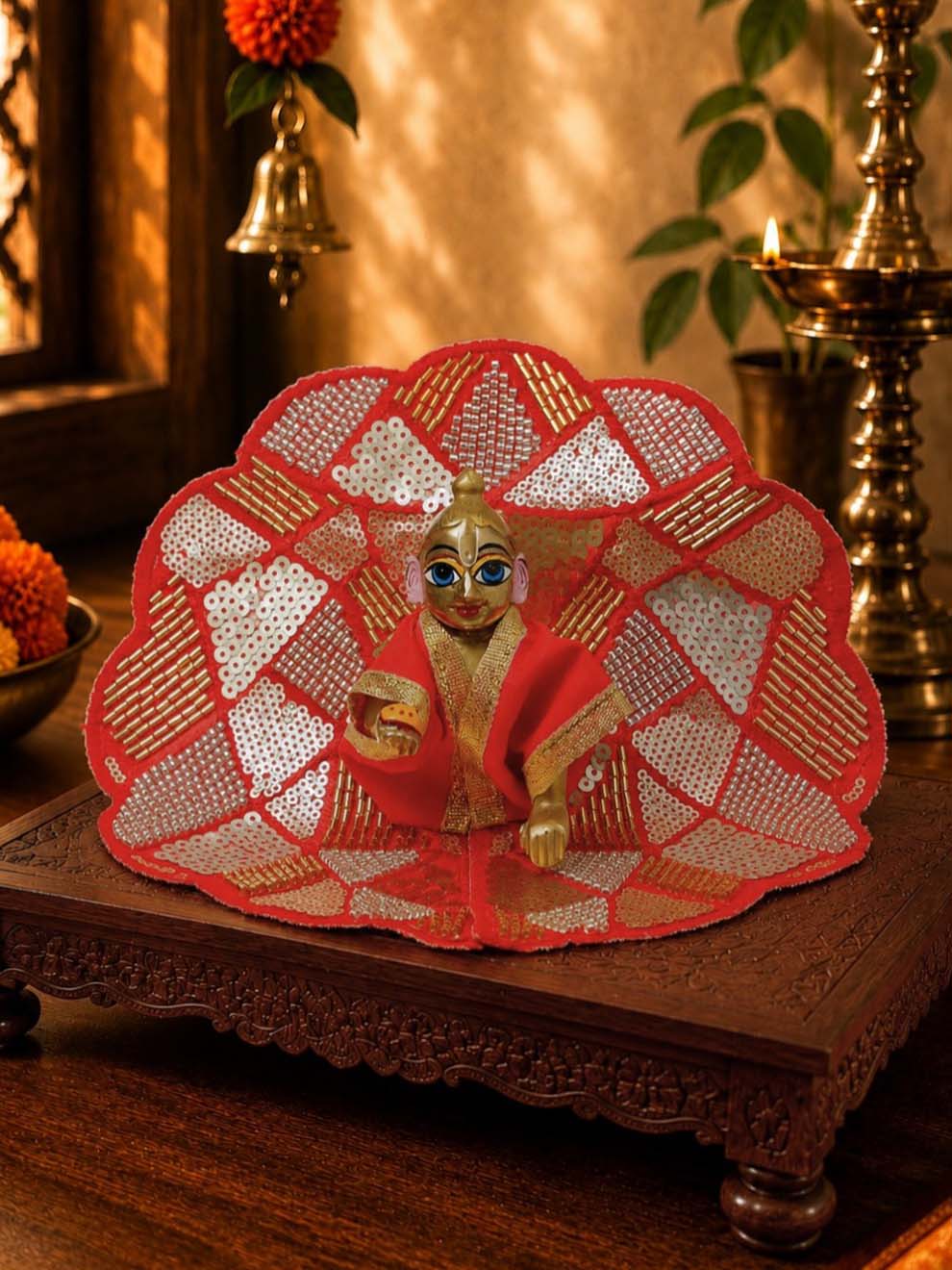 Sajini fancy red Laddu Gopal Dresses Online in India Winter Dress for Poshak Thakurji Kanha Ji Accessories Dhoti Kurta Set Pajama Aasan Janmashtami Special Summer Shringar Fancy Jacket Premium Festival Bistar Combo om poshak kanha thakurji bal lala lalla ladoo