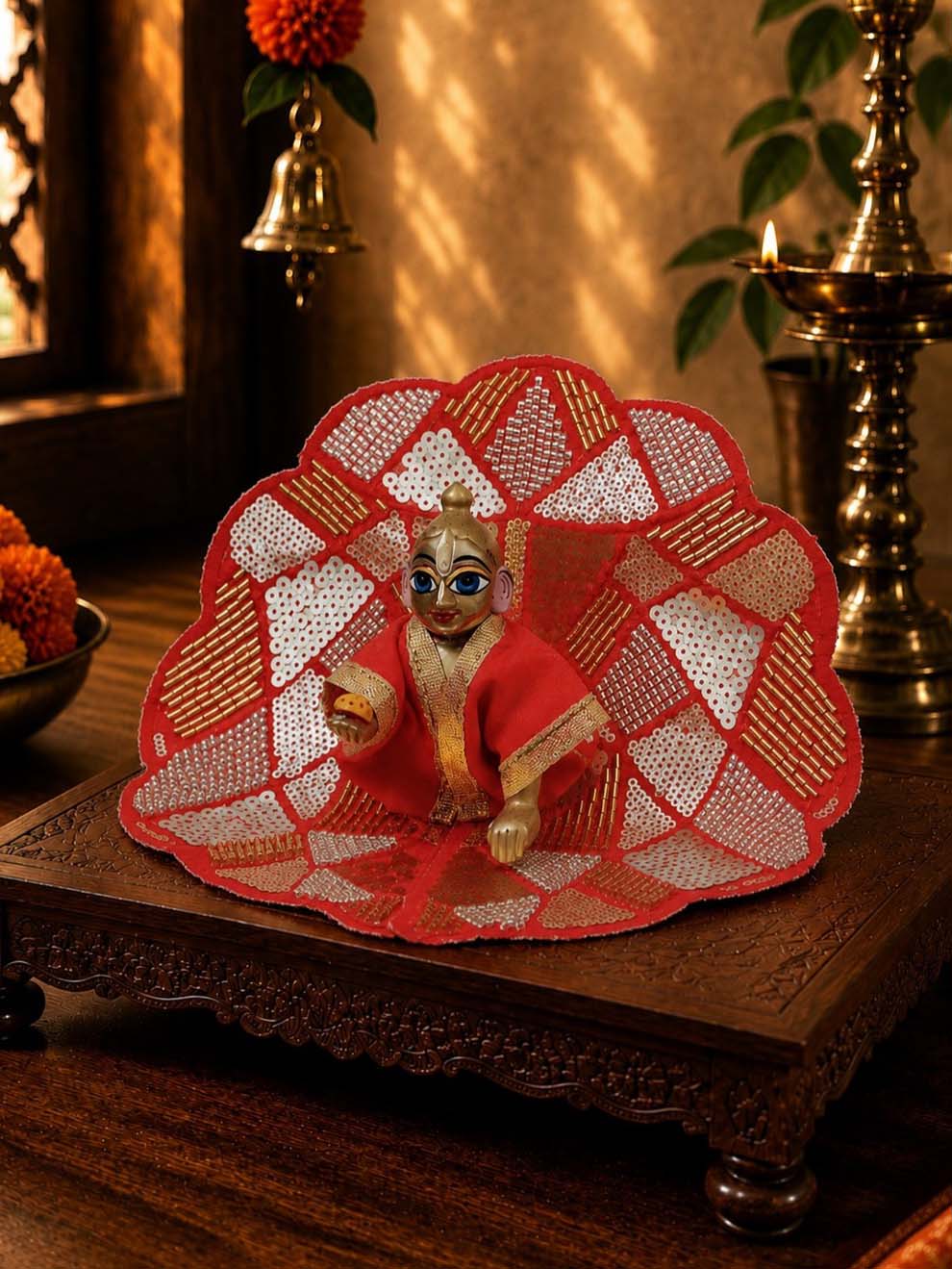 Sajini fancy red Laddu Gopal Dresses Online in India Winter Dress for Poshak Thakurji Kanha Ji Accessories Dhoti Kurta Set Pajama Aasan Janmashtami Special Summer Shringar Fancy Jacket Premium Festival Bistar Combo om poshak kanha thakurji bal lala lalla ladoo