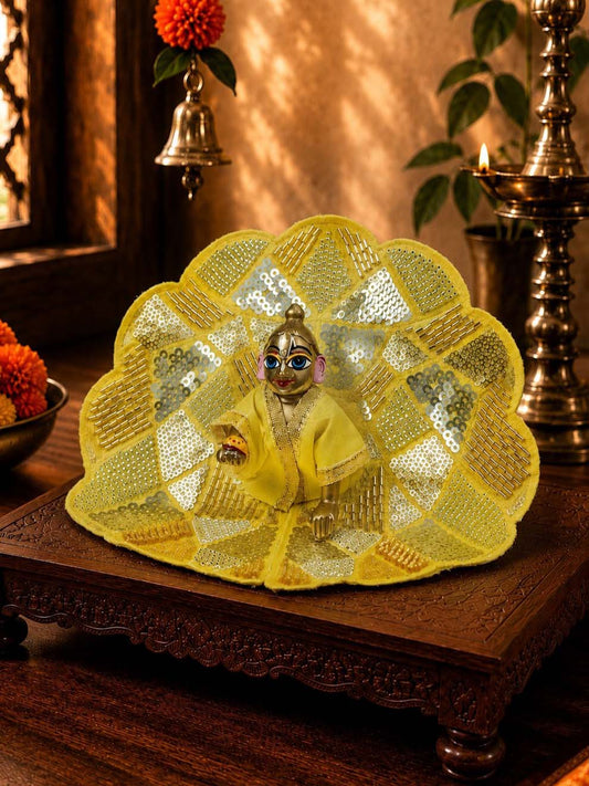 Sajini fancy yellow Laddu Gopal Dresses Online in India Winter Dress for Poshak Thakurji Kanha Ji Accessories Dhoti Kurta Set Pajama Aasan Janmashtami Special Summer Shringar Fancy Jacket Premium Festival Bistar Combo om poshak kanha thakurji bal lala lalla ladoo