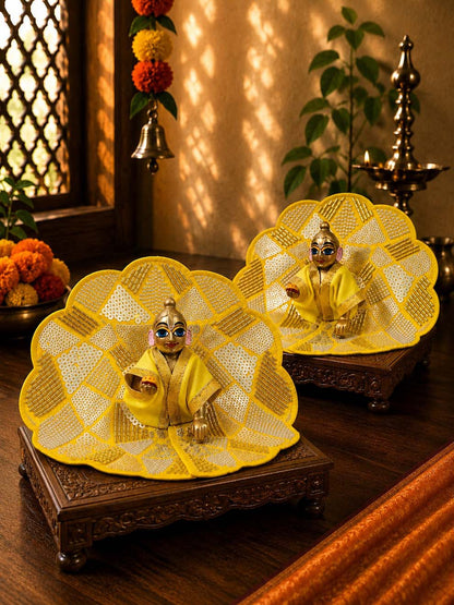 Sajini fancy yellow Laddu Gopal Dresses Online in India Winter Dress for Poshak Thakurji Kanha Ji Accessories Dhoti Kurta Set Pajama Aasan Janmashtami Special Summer Shringar Fancy Jacket Premium Festival Bistar Combo om poshak kanha thakurji bal lala lalla ladoo