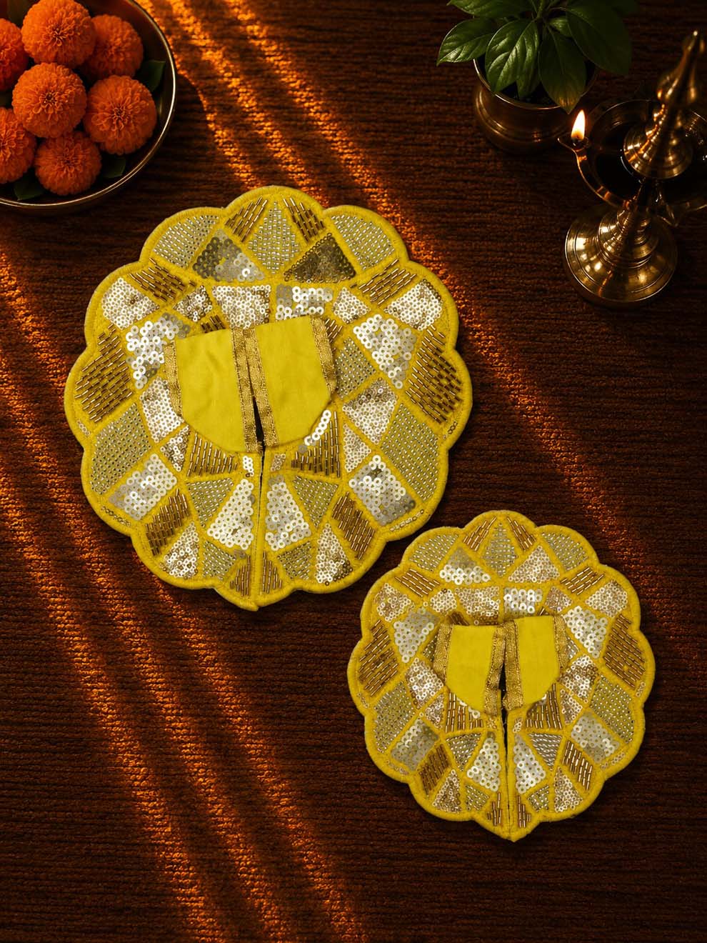 Sajini fancy yellow Laddu Gopal Dresses Online in India Winter Dress for Poshak Thakurji Kanha Ji Accessories Dhoti Kurta Set Pajama Aasan Janmashtami Special Summer Shringar Fancy Jacket Premium Festival Bistar Combo om poshak kanha thakurji bal lala lalla ladoo