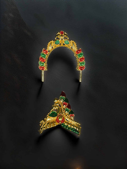 Swarn mandal meta mukut dhoti kurta Diwali Janmashtami dress ladoo dresses laddu gopal dress thakurji kanha ji bal om poshak mathura online best mandir wholesaler manufacturer