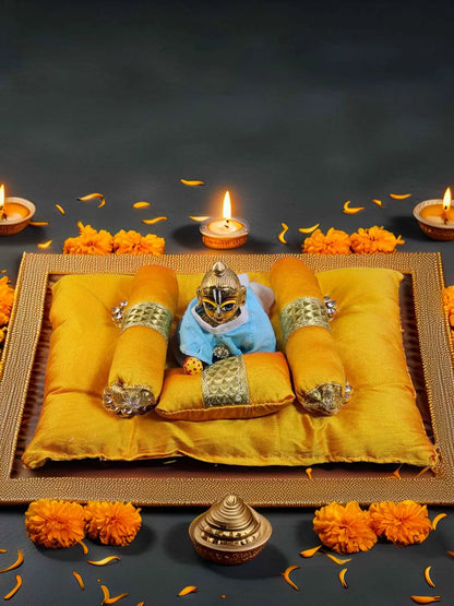 golden gadda bed bistar set razai for laddu gopal thakurji kanha ji bal om poshak mathura online best