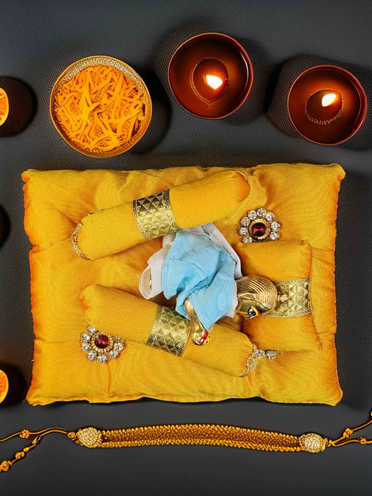 golden gadda bed bistar set razai for laddu gopal thakurji kanha ji bal om poshak mathura online best