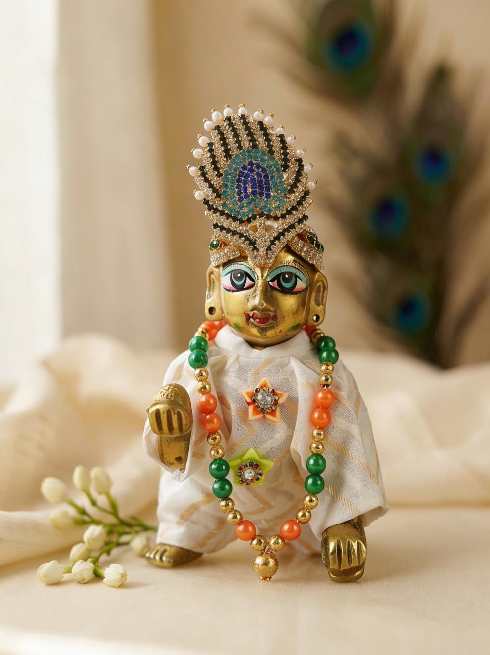 peacock Mukut Laddu Gopal Dresses Online in India Winter Dress for Poshak Thakurji Kanha Ji Accessories Dhoti Kurta Set Pajama Aasan Janmashtami Special Summer Shringar Fancy Jacket Premium Festival Bistar Combo om poshak kanha thakurji bal lala lalla ladoo