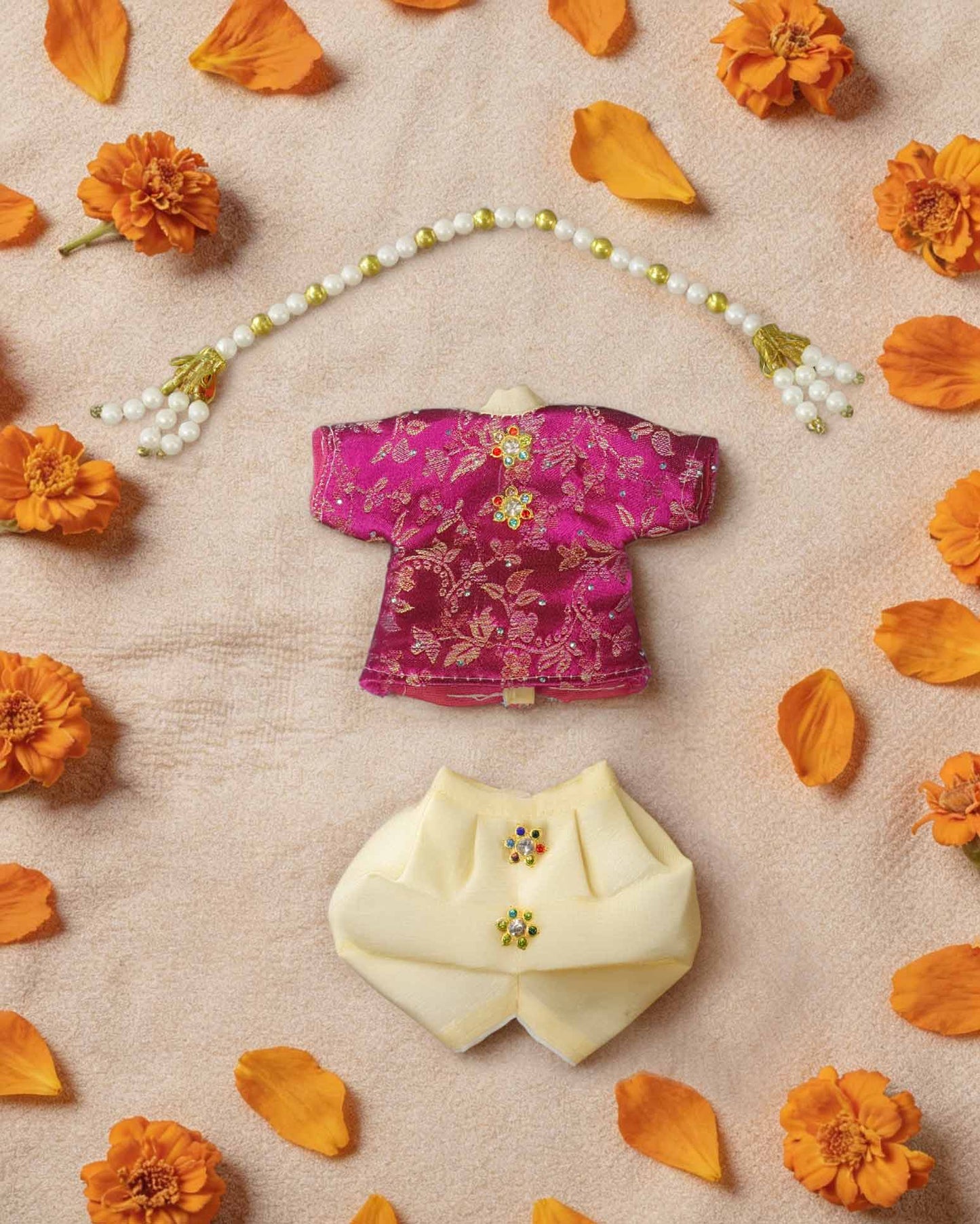 pink navratri dhoti kurta Diwali Janmashtami dress ladoo dresses laddu gopal dress thakurji kanha ji bal om poshak mathura online best mandir wholesaler manufacturer
