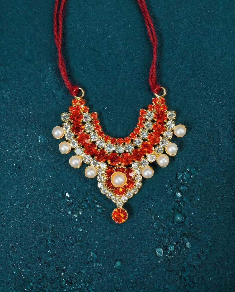 radha rani shringar mala necklace haar orange Diwali Janmashtami dress ladoo dresses laddu gopal dress thakurji kanha ji bal om poshak mathura online best mandir wholesaler manufacturer
