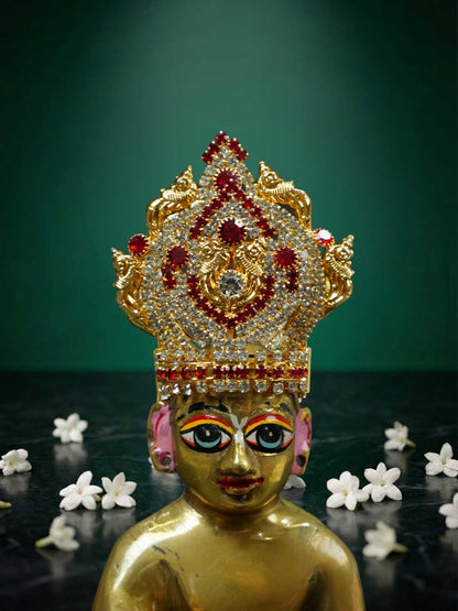 ratna red stone mukut shirngar crown Diwali Janmashtami dress ladoo dresses laddu gopal dress thakurji kanha ji bal om poshak mathura online best mandir wholesaler manufacturer
