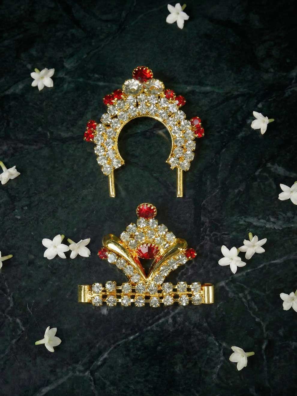 ratna red stone mukut shirngar crown Diwali Janmashtami dress ladoo dresses laddu gopal dress thakurji kanha ji bal om poshak mathura online best mandir wholesaler manufacturer