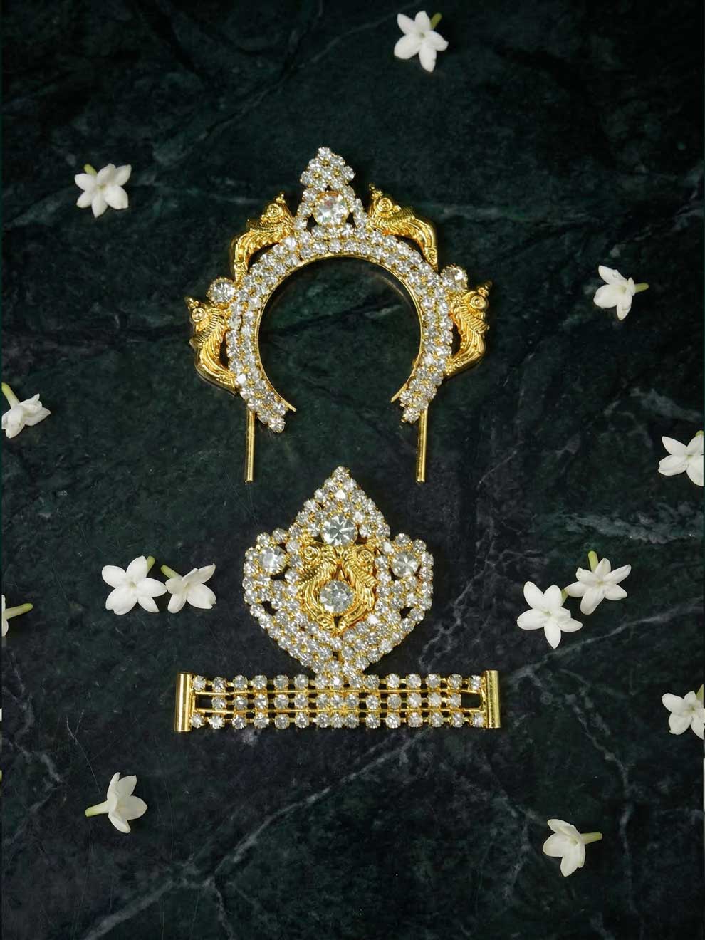 ratna white stone mukut shirngar crown Diwali Janmashtami dress ladoo dresses laddu gopal dress thakurji kanha ji bal om poshak mathura online best mandir wholesaler manufacturer