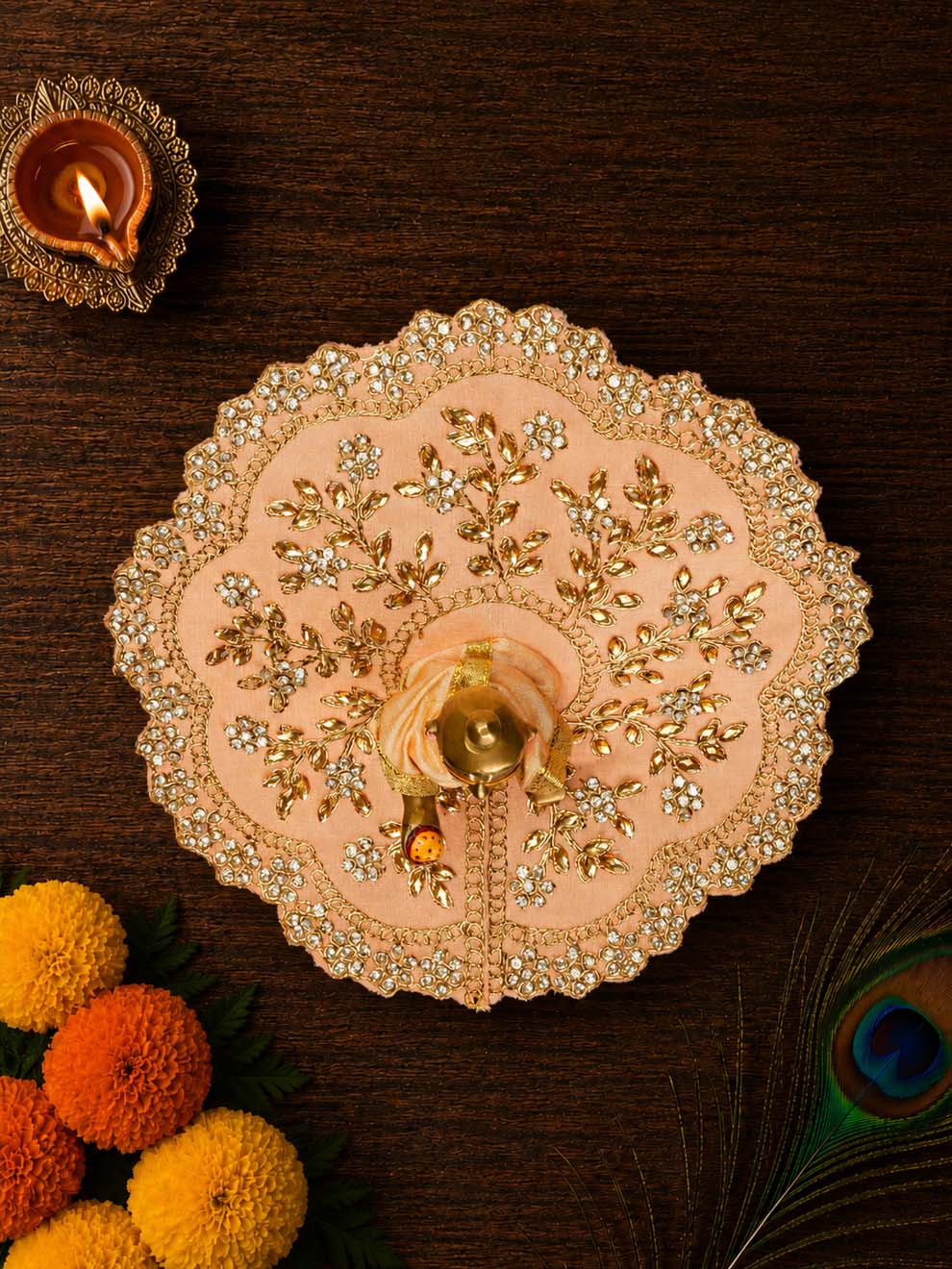 vallari fancy peach Laddu Gopal Dresses Online in India Winter Dress for Poshak Thakurji Kanha Ji Accessories Dhoti Kurta Set Pajama Aasan Janmashtami Special Summer Shringar Fancy Jacket Premium Festival Bistar Combo om poshak kanha thakurji bal lala lalla ladoo