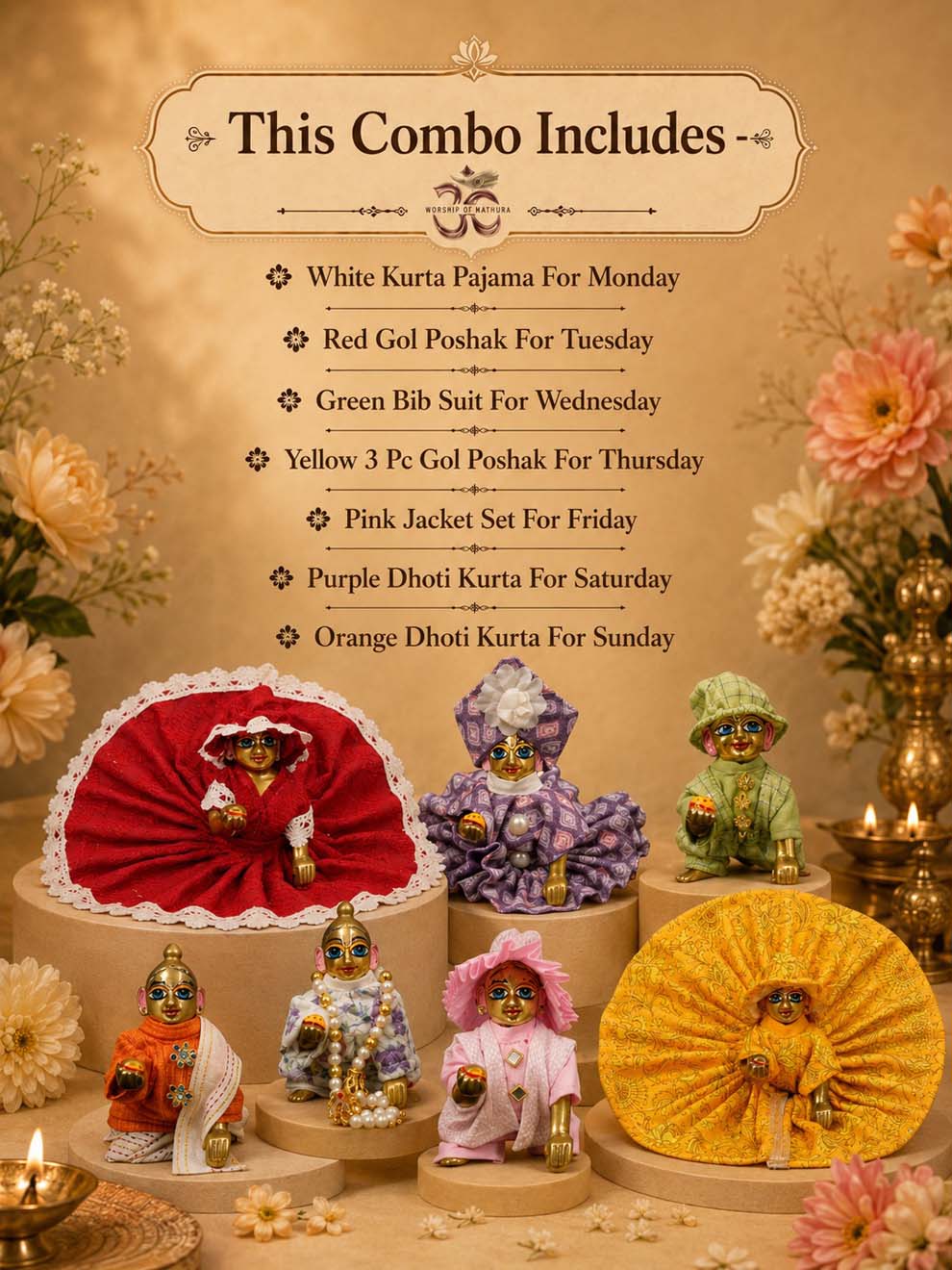 vastu combo Laddu Gopal Dresses Online in India Winter Dress for Poshak Thakurji Kanha Ji Accessories Dhoti Kurta Set Pajama Aasan Janmashtami Special Summer Shringar Fancy Jacket Premium Festival Bistar Combo om poshak kanha thakurji bal lala lalla ladoo